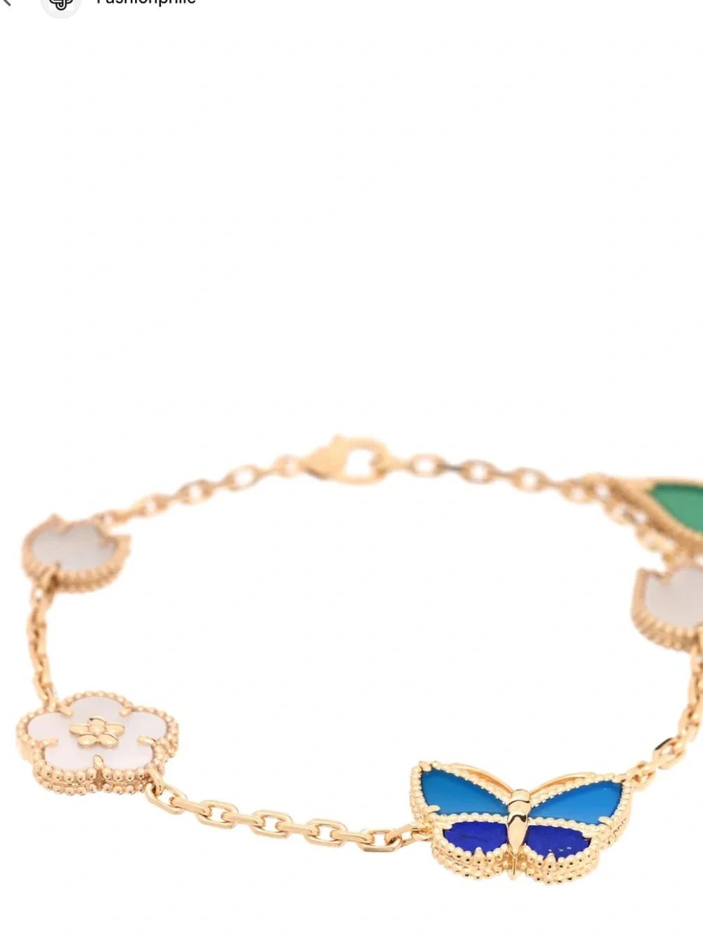 Anthropologie Gold Bracelet with Blue Butterfly and Green Charm